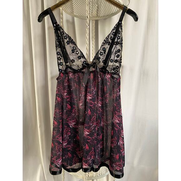Y2K Dress Babydoll Lace and Sequin Sheer Black Pink Floral Chemise Plus Size 1X - Picture 1 of 13